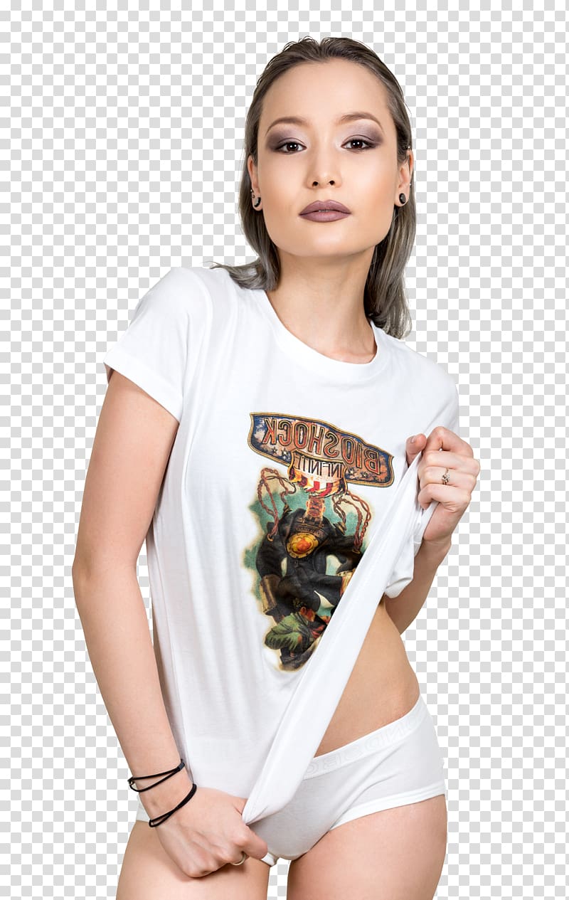 woman wearing and multicolored crew-neck T-shirt and white panty holding her shirt, T-shirt Android, Beautiful Sexy Young Woman transparent background PNG clipart