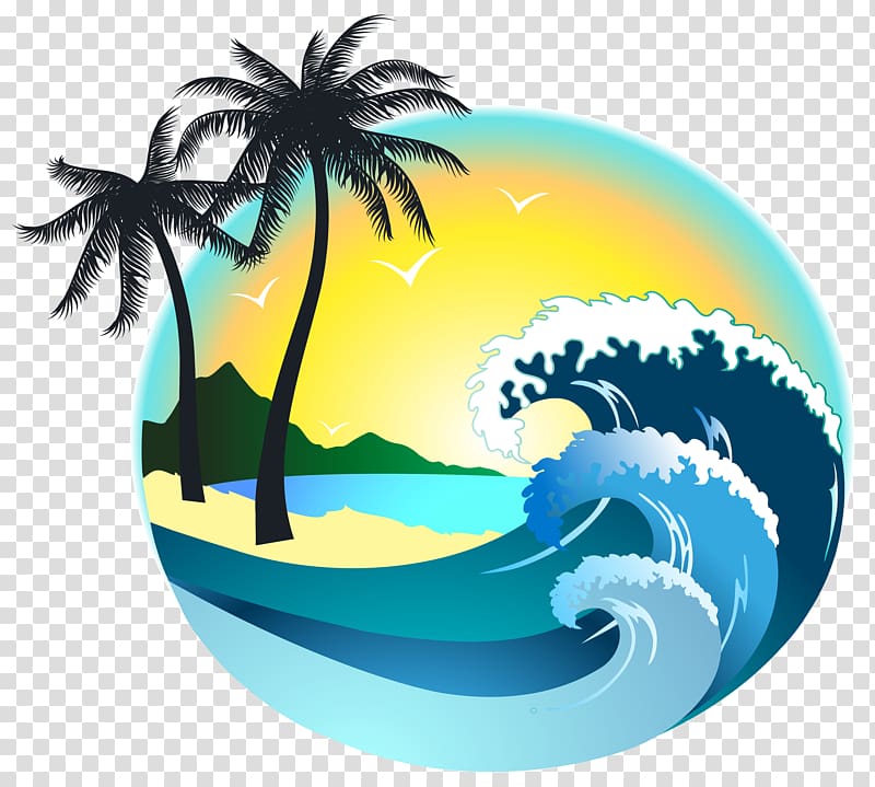 two palm trees and seawaves illustration, Beach Scalable Graphics , Summer Sea Decor transparent background PNG clipart