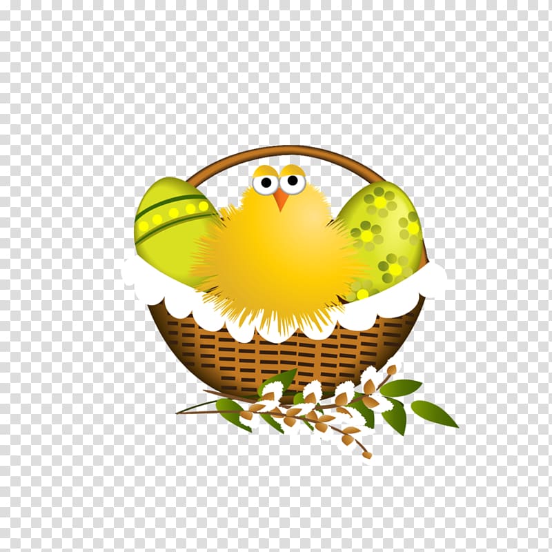 yellow bird chick in basket with two green eggs graphic, Easter , Easter Basket with Chicken transparent background PNG clipart