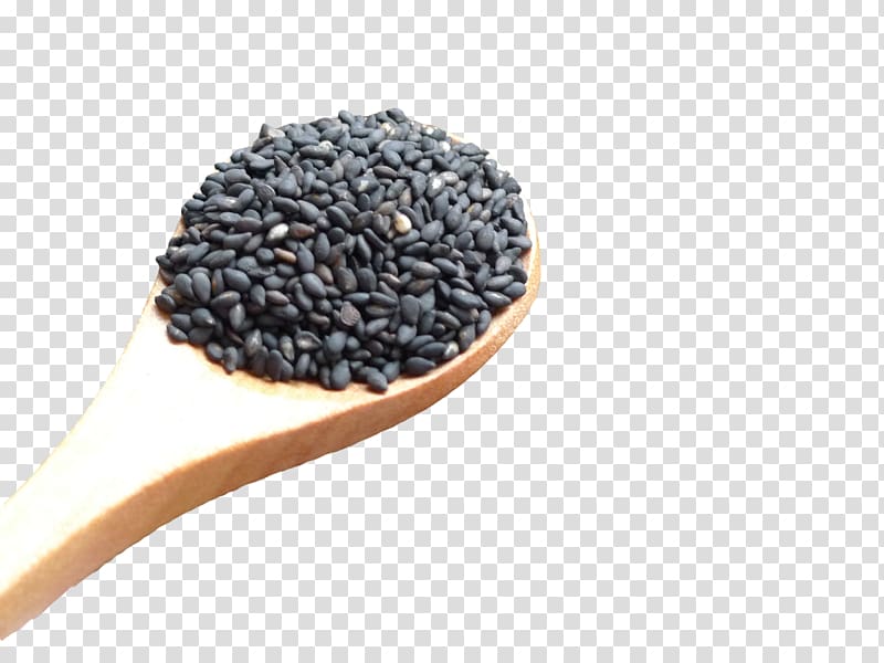 black seeds on brown wooden ladle, Sesame Cuisine Tahini Food Alkaline diet, A spoon of sesame seeds transparent background PNG clipart