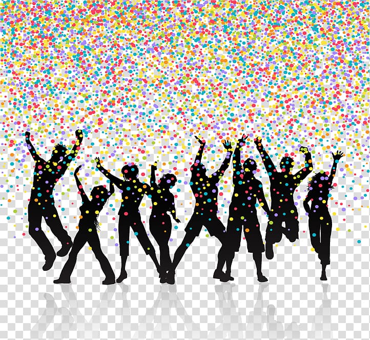 silhouette of people with confetti illustration, Party Silhouette Dance, Party scene background transparent background PNG clipart