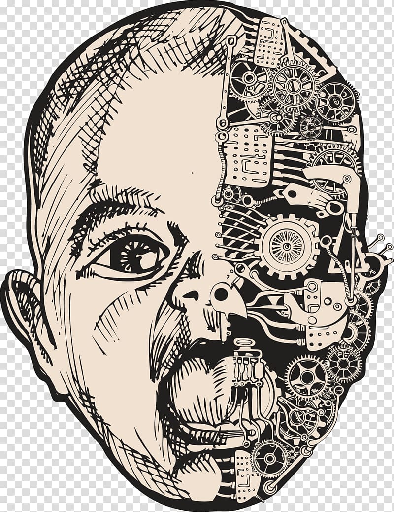 human head illustration, Robot Drawing Cyborg Face, Sketch of Science and Technology robot brain structure transparent background PNG clipart