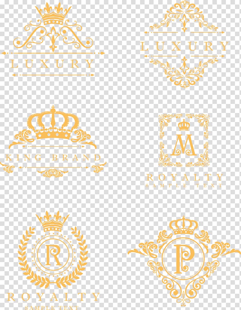 six yellow brand logos, , Decorative border transparent background PNG clipart