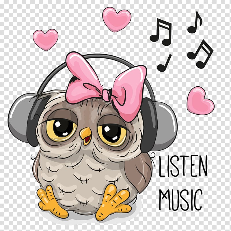 owl listen music illustration, Owl Cartoon Drawing, Big eyes owl songs transparent background PNG clipart