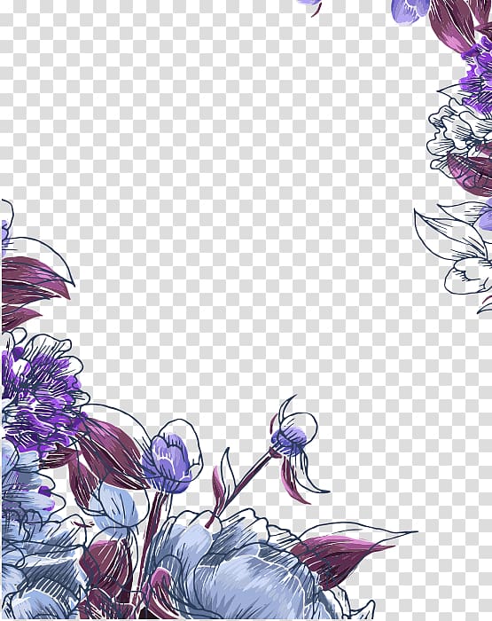 hand painted purple flowers border shading transparent background PNG clipart