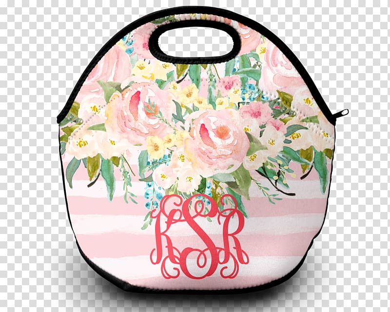 Lunchbox Monogram Tote bag Towel, pastel flowers transparent background PNG clipart