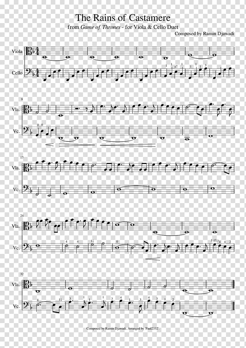 Sheet Music The Rains of Castamere Cello Viola, sheet music transparent background PNG clipart