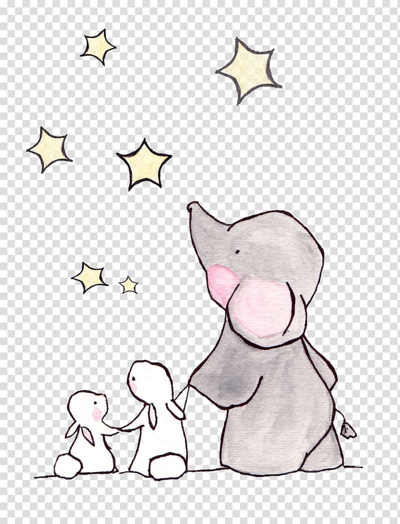 illustration of one gray elephant and two white rabbits watching stars, Mr. Elephant Rabbit Illustration, counting stars transparent background PNG clipart