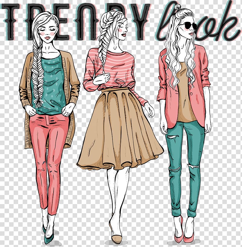 three women in red-brown-and-green outfit with Trendy look text overlay, Fashion Model Illustration, Hand drawn cartoon characters transparent background PNG clipart