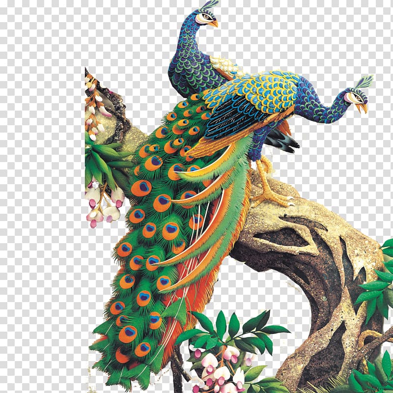 peacocks on tree branch illustration, Jigsaw puzzle Peafowl Painting Canvas, peacock transparent background PNG clipart