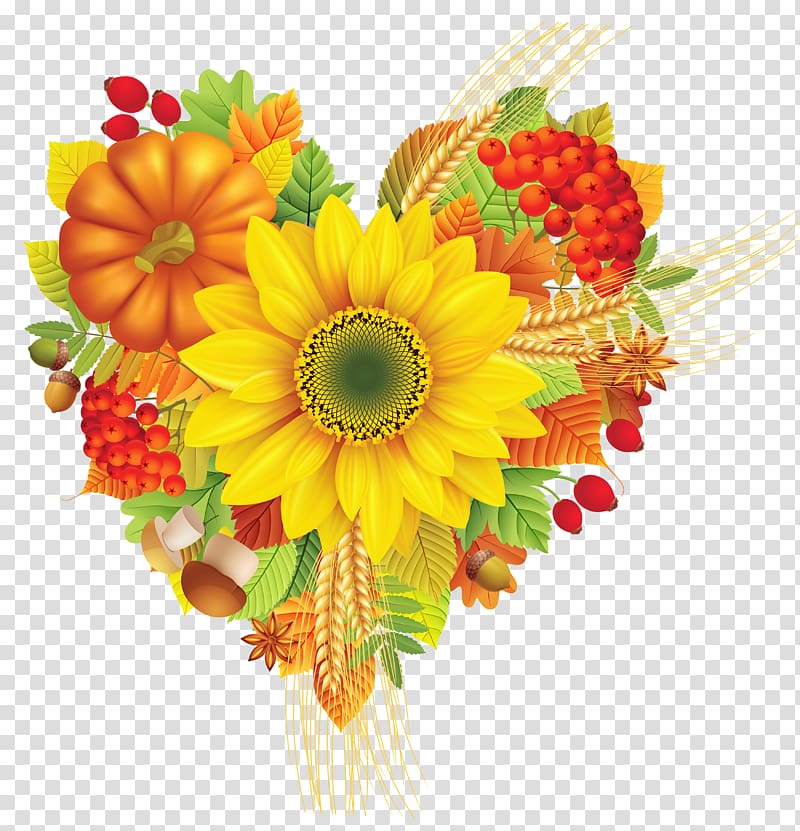 yellow and orange flowers illustration, Thanksgiving Wish Happiness Birthday Greeting card, Autumn Heart Leaves Decoration transparent background PNG clipart