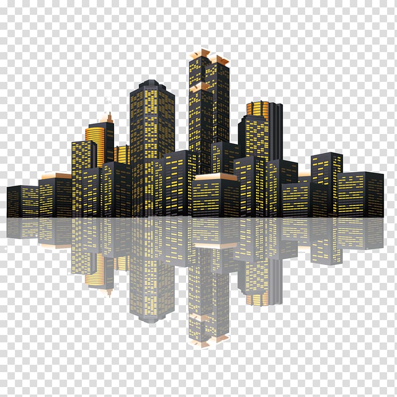 black-and-yellow skyscraper buildings illustration, Euclidean Building Icon, late night architectural complex landscape city reflection transparent background PNG clipart