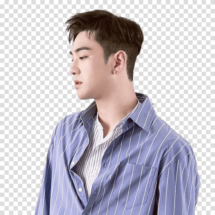 man in blue and white striped button-up shirt, NU'EST Baekho Striped Shirt transparent background PNG clipart