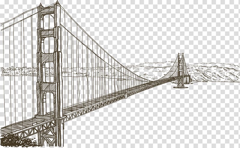 Golden Gate Bridge illustration, Golden Gate Bridge Statue of Liberty Drawing, Hand-painted cross-sea bridge transparent background PNG clipart