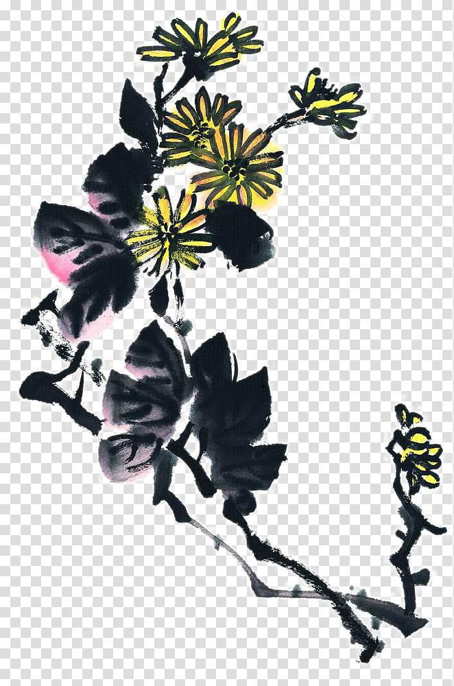 Ink wash painting Chinese painting Watercolor painting, Ink chrysanthemum transparent background PNG clipart