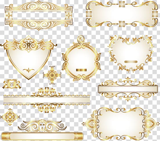Ornament Gold, Decorative design frame gold pattern material, assorted-color ornates transparent background PNG clipart