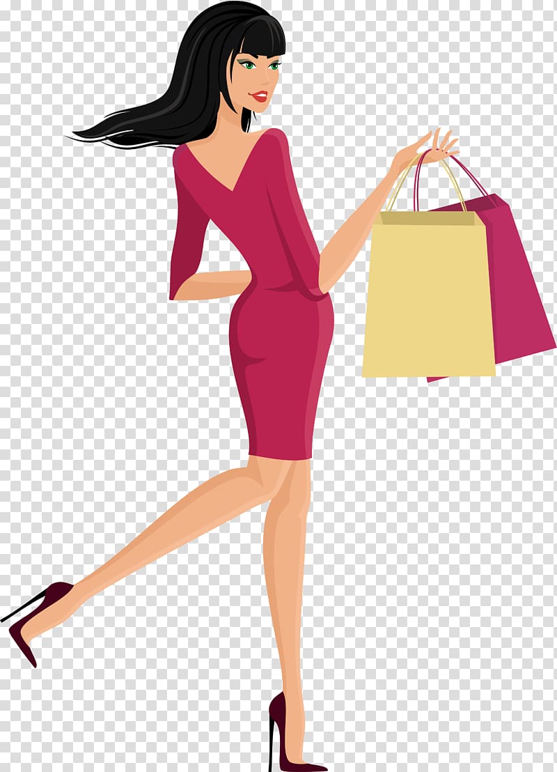 Shopping illustration, A woman carrying a shopping bag transparent background PNG clipart