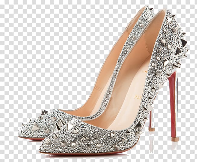 pair of gray pointed-toe platform pumps with silver studs, Court shoe High-heeled footwear Fashion Clothing, Christian Louboutin Heels transparent background PNG clipart