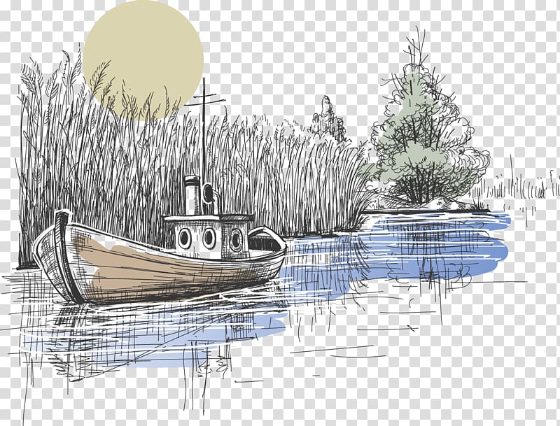 Illustration, Pencil sketches and scenic boat transparent background PNG clipart