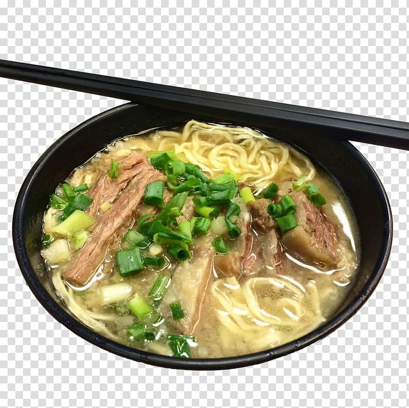 Beef noodle soup Saimin Okinawa soba Breakfast Lomi, Healthy breakfast noodles with meat and vegetables transparent background PNG clipart