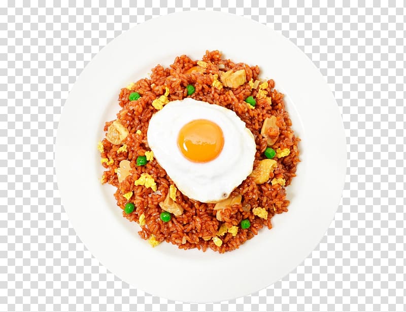 corned beef topped with egg, Fried rice Nasi goreng Indonesian cuisine Fried egg Chicken, Chicken fried rice transparent background PNG clipart