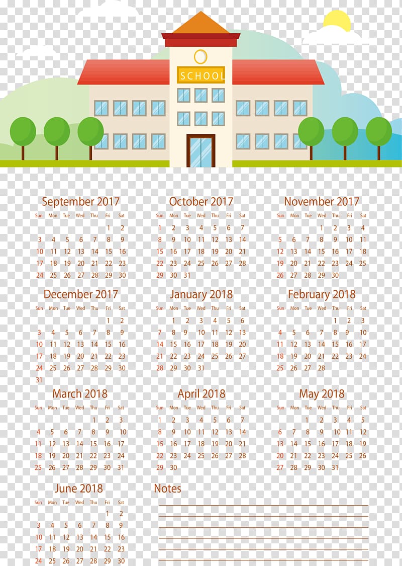 Calendar Template, School building calendar 2018 transparent background PNG clipart
