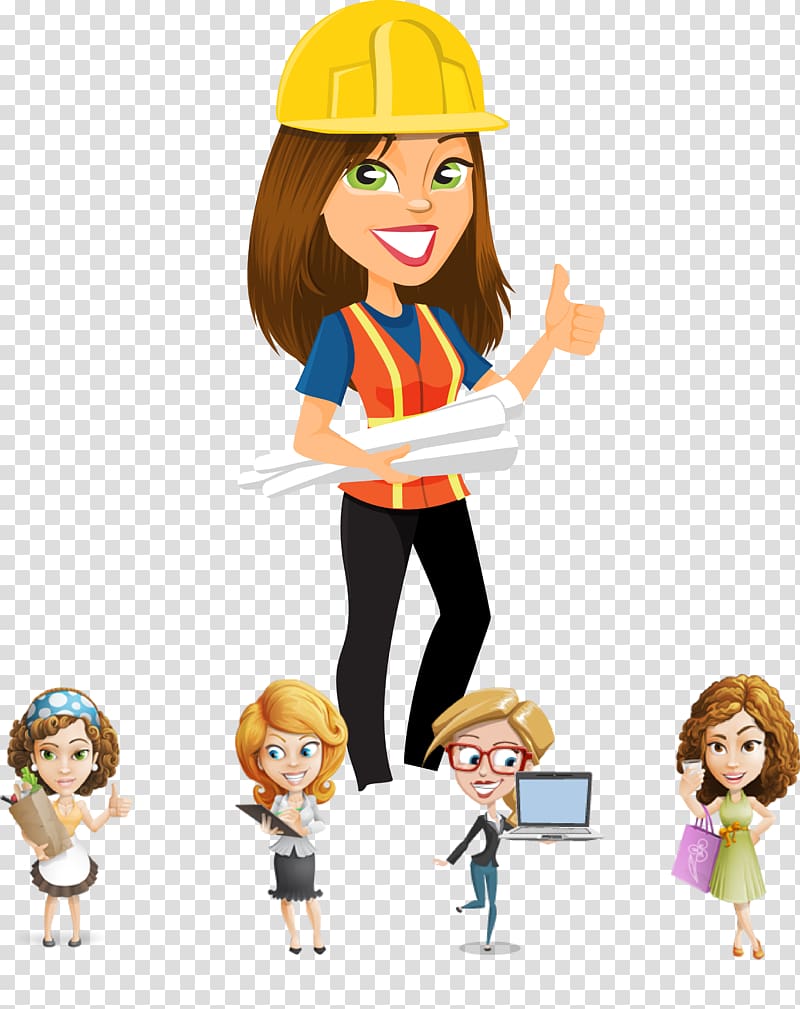 illustration of woman wearing yellow hard hard and safety vest, Engineering Computer file, Female construction engineer transparent background PNG clipart
