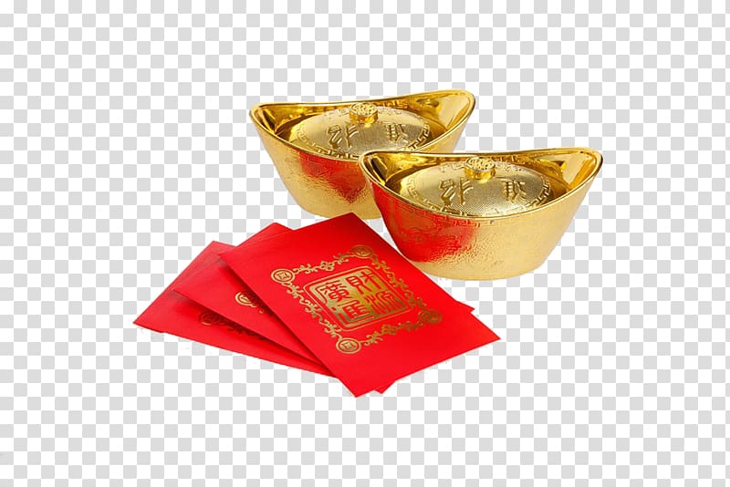 Sycee Red envelope Gold, Gold ingots and red envelope transparent background PNG clipart