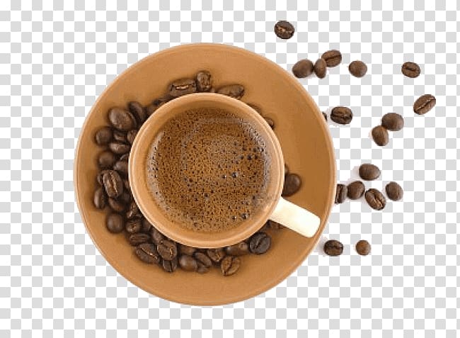 brown coffee on saucer surrounded by roasted coffee beans, Cuban espresso Instant coffee Ipoh white coffee Indian filter coffee, Coffee transparent background PNG clipart