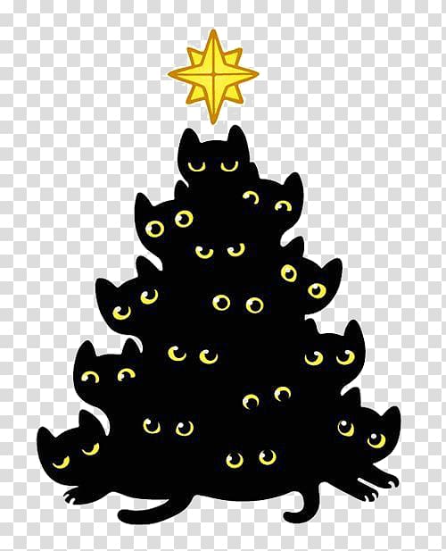 Black cat Kitten Christmas tree, Black cat illustration transparent background PNG clipart