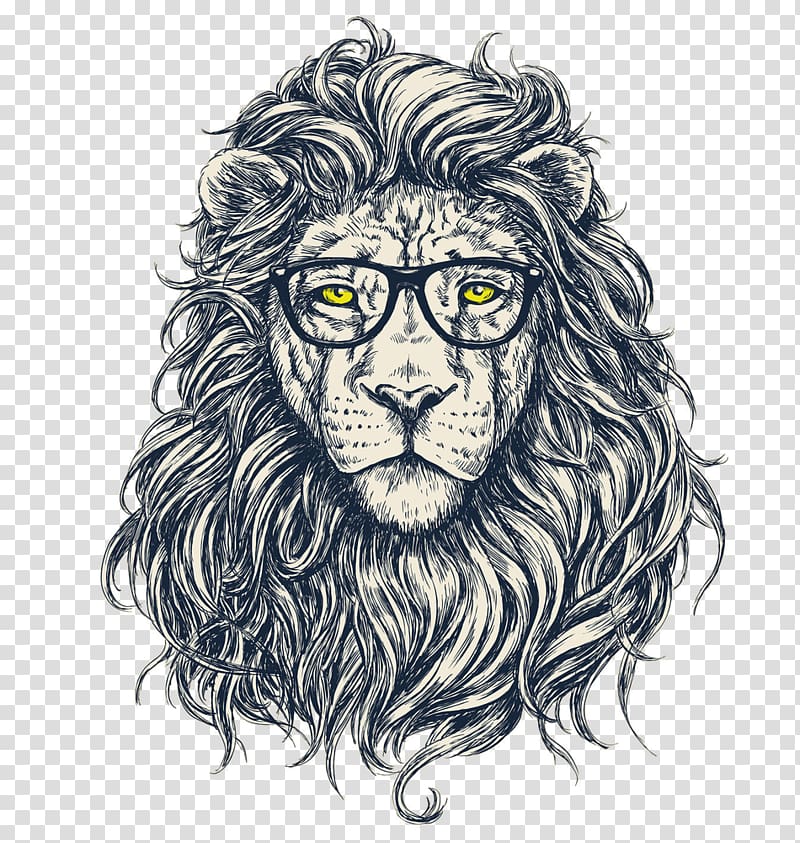 lion with eyeglasses illustration, Lion Hipster , Lions Head transparent background PNG clipart