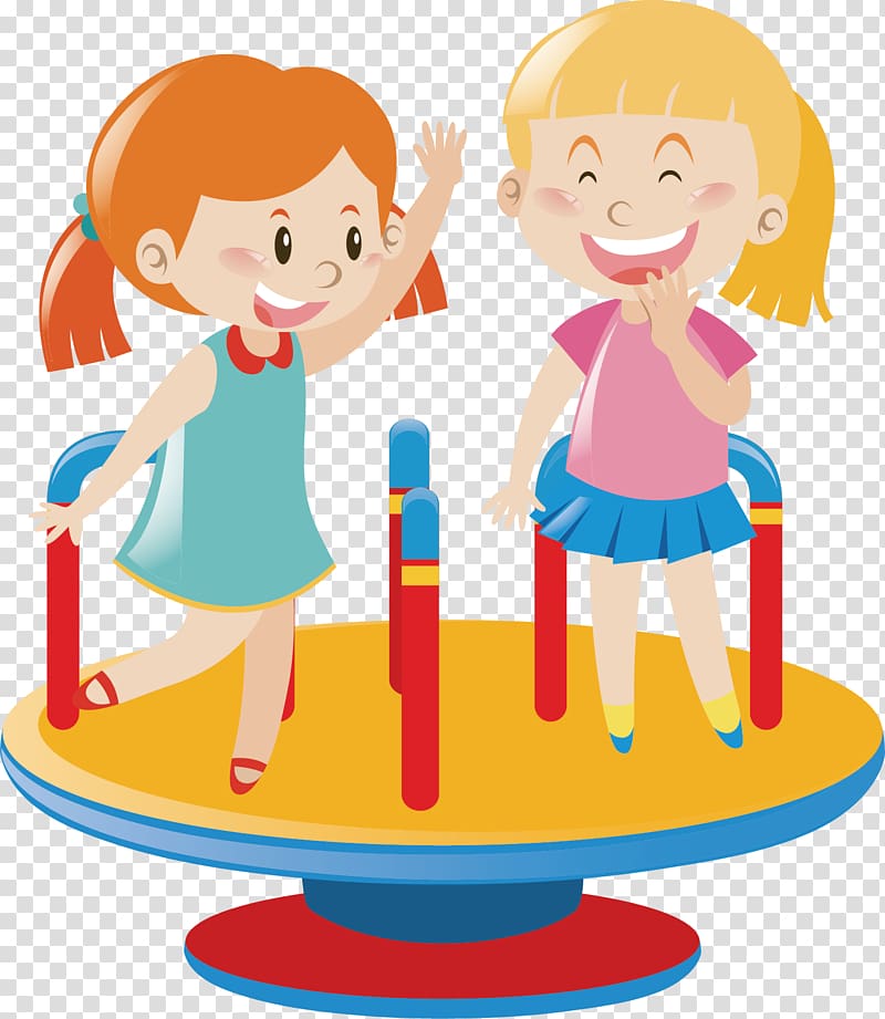 two girls playing on round surface spin , Illustration, Turntable children\'s playground transparent background PNG clipart