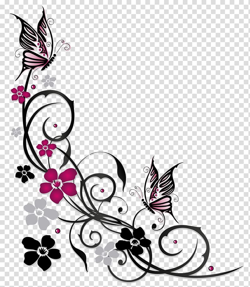purple and black swirl flowers borderline illustration, Butterfly Flower Ornament, flowers butterfly border transparent background PNG clipart