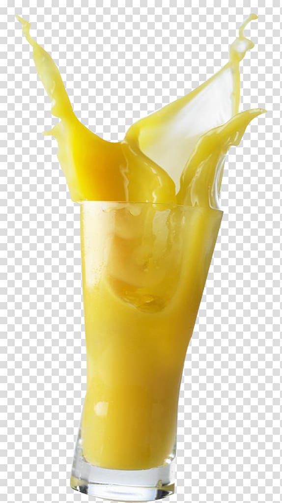 mango juice with clear glass, Orange juice Fuzzy navel Screwdriver Harvey Wallbanger, Overflowing juice transparent background PNG clipart