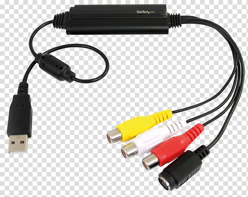 VHS StarTech.com S-Video & Composite to USB Video Capture Device Cable w/ Audio, Video capture adapter, USB 2.0, Black Composite video, USB transparent background PNG clipart