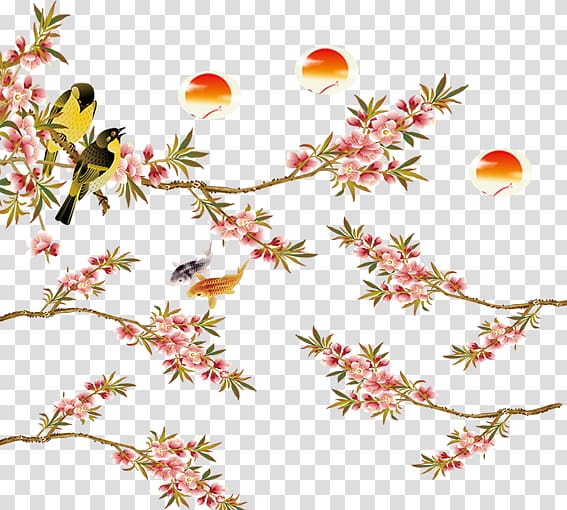 Bird-and-flower painting Ink wash painting Gongbi, China Wind creative posters transparent background PNG clipart