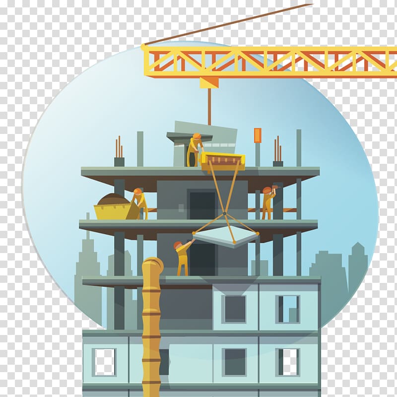 gray and white building and crane tower illustration, Architectural engineering Cartoon Building , Construction Construction Tools transparent background PNG clipart