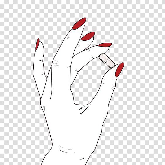 left human hand holding medication tablet illustration, Hand Nail Drawing, Red nails Hand holding pills transparent background PNG clipart