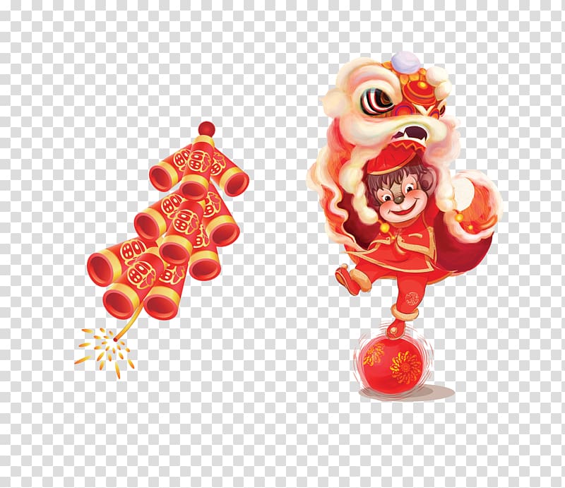 Lion dance Illustration, Cartoon version of firecrackers and lion transparent background PNG clipart