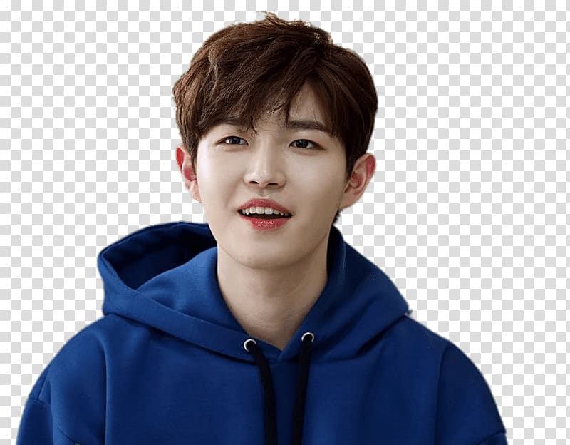 smiling man wearing blue pullover hoodie, Wanna One Kim Jaehwan Blue Sweater transparent background PNG clipart