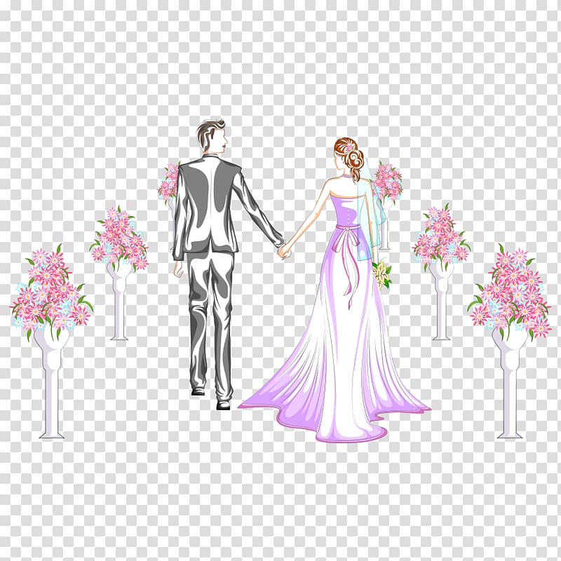 groom and bride walking on aisle while holding hands, Wedding reception Illustration, Wedding transparent background PNG clipart