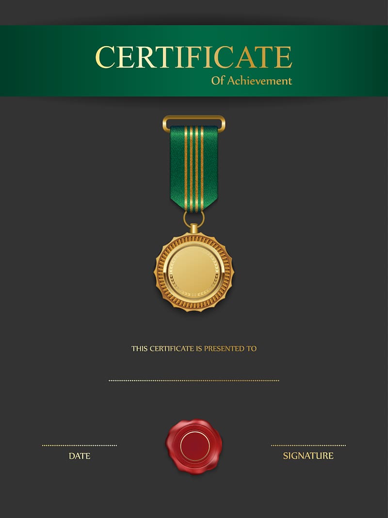 gold medal, Design Template, Black and Green Certificate Template transparent background PNG clipart