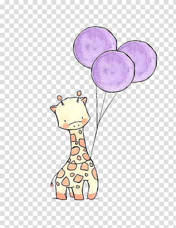 giraffe holding three purple balloons , Giraffe Drawing Cuteness Cartoon Sketch, giraffe transparent background PNG clipart