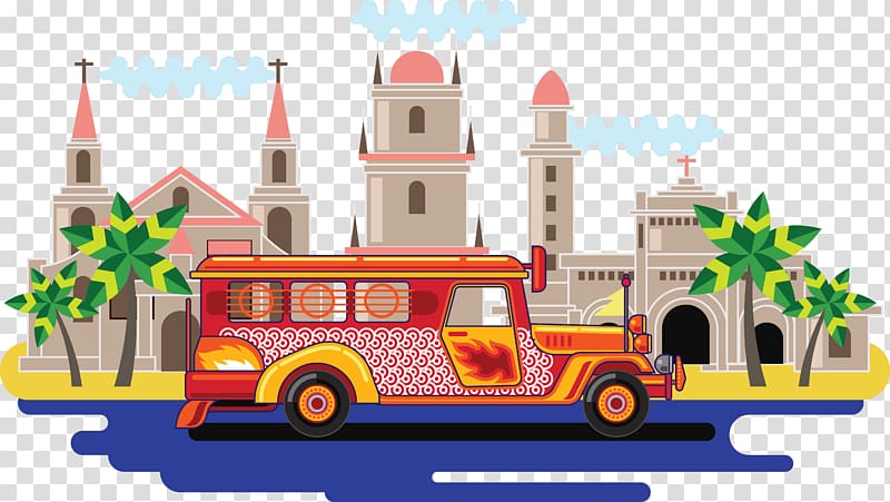 red vehicle with temple art, Philippines Tourism Euclidean , Philippine rice traditional transportation travel tourist bus transparent background PNG clipart