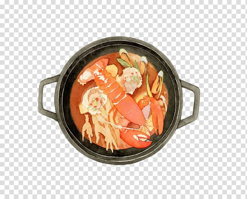 Seafood Clay pot cooking Cartoon, Cartoon delicious lobster casserole transparent background PNG clipart