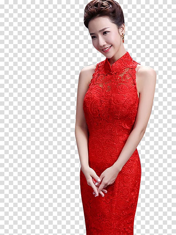 Wedding dress Cheongsam Sleeveless shirt, red lace transparent background PNG clipart