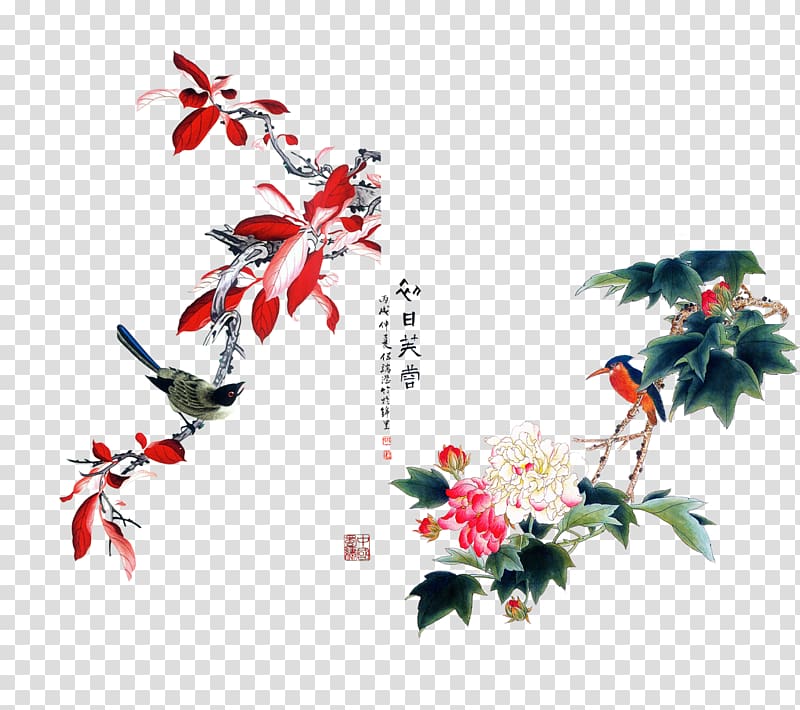 Ink wash painting Chinese painting Bird-and-flower painting Gongbi, Hibiscus flowers Free matting transparent background PNG clipart