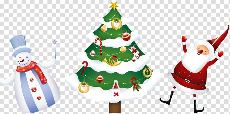 Santa Claus, Christmas tree and snowman illustration, Santa Claus Christmas tree Gift , Christmas Santa Tree and Snowman transparent background PNG clipart