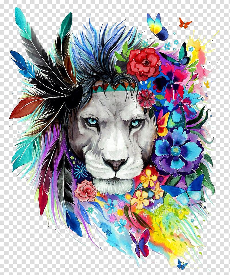 Lion Art Drawing Poster Painting, The Lion King, gray lion with feather and flowers headdress transparent background PNG clipart