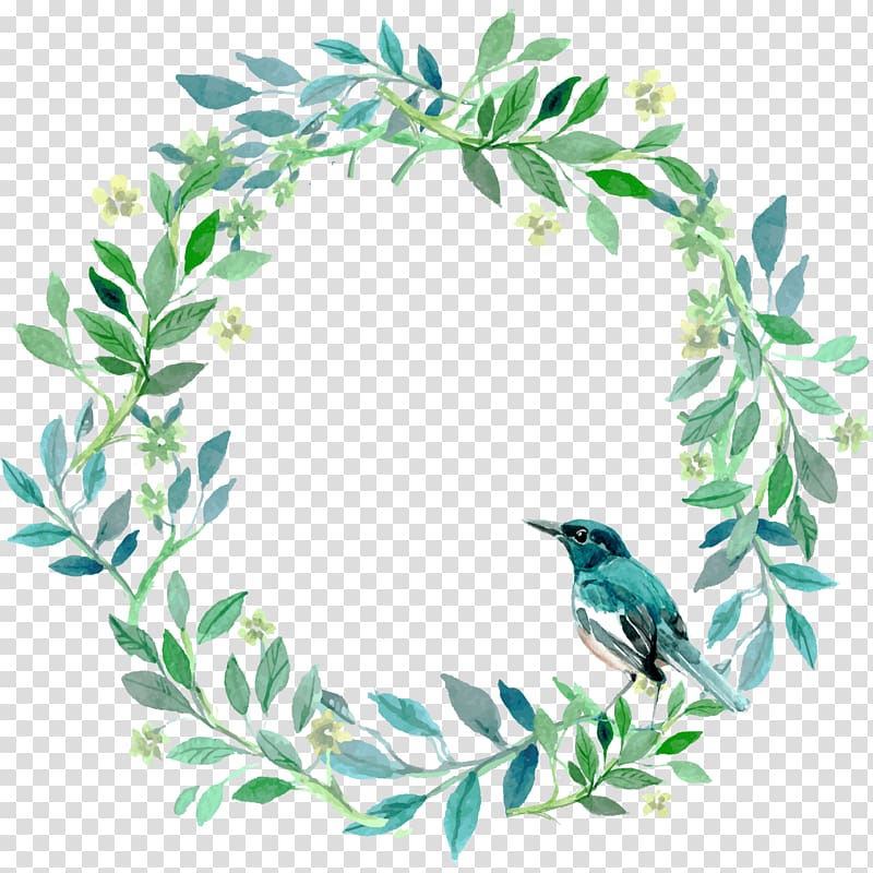 painting of green and white flower wreath, Green and fresh grass ring bird decoration pattern transparent background PNG clipart